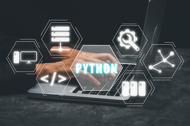 Photo python programming languageman using laptop computer with python programming icon on virtual screen application and web development concept