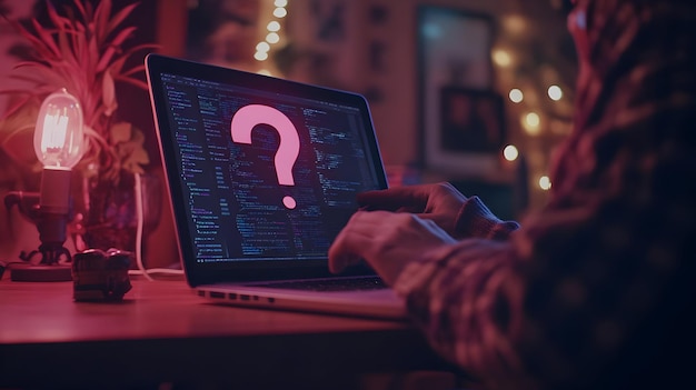 Photo question mark on a laptop screen with code digital illustration