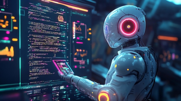 Photo robot ai works computer code data web engineer interacting with ai analyzes the code digital screen