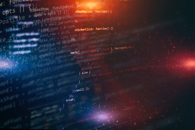 Photo running computer data / www programming. coding script text on screen. notebook closeup photo.