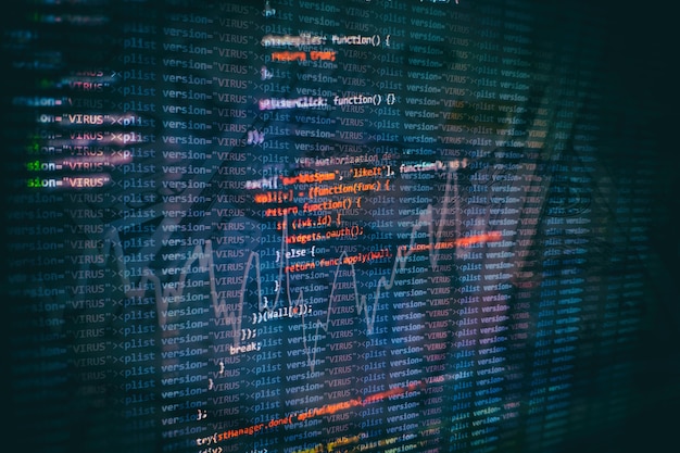 Photo running computer data / www programming. coding script text on screen. notebook closeup photo.