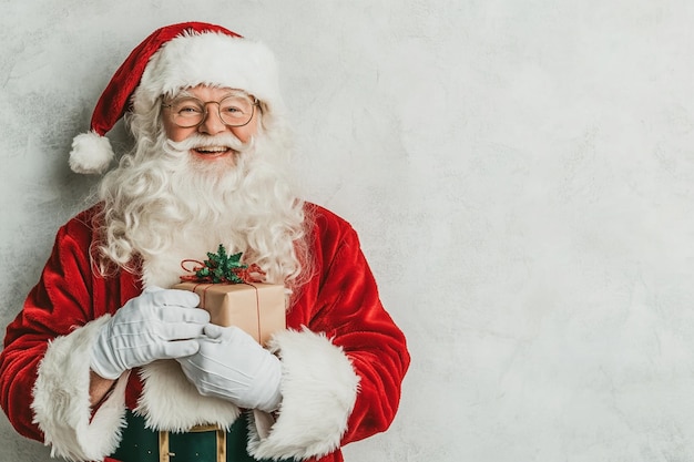 Photo santa claus holding a christmas gift capturing a classic and cheerful expression