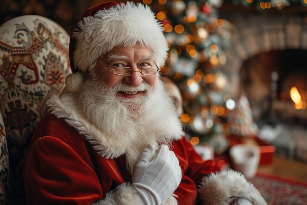 Photo a santa claus is sitting in front of a christmas tree