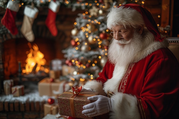 Photo santa claus prepares a gift in a cozy holiday setting by a crackling fireplace generative ai