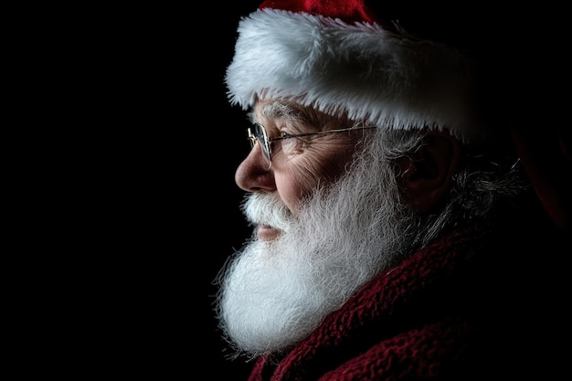 Photo santa claus wearing glasses and smiling on dark background