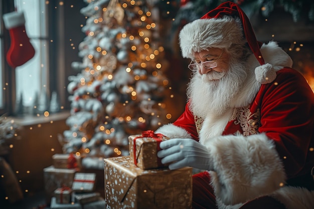 Photo santa prepares gifts beside a beautifully decorated christmas tree in a cozy room generative ai