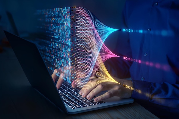 Photo scientist computing analysing and visualizing complex data set on computer