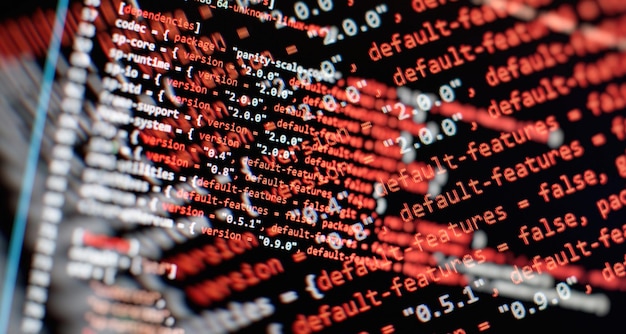 Photo security code on a computer display close up database bits access stream visualisation php language and coding function developer