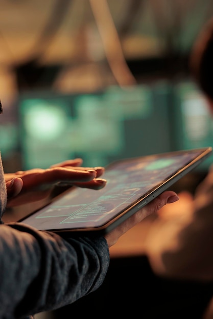 Photo server illegal access, hacker using malware on digital tablet, computer system password cracking. cyberattack, internet thieves stealing financial data, coding virus, programming malicious software