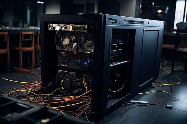 Photo server rack with a server crashed to the floor
