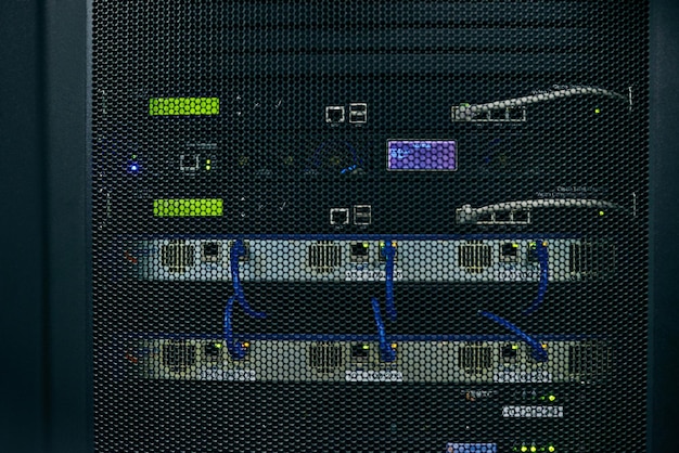 Photo server room empty or cables in hardware for internet connection computing network or cyber security wires background information technology support or cords on machine equipment in data center