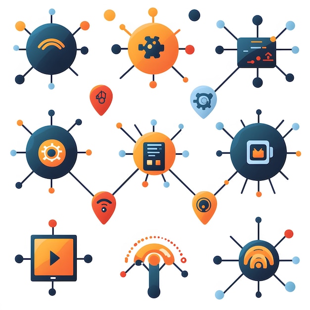 Photo a set of connection icons featuring visuals of linked nodes data paths and network integration includes elements for illustrating connectivity communication channels and digital networks for