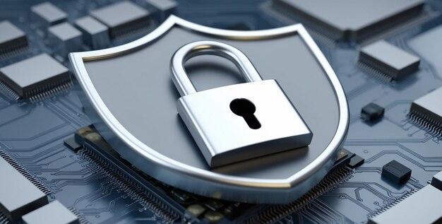 Photo a silver shield with a padlock on a circuit board