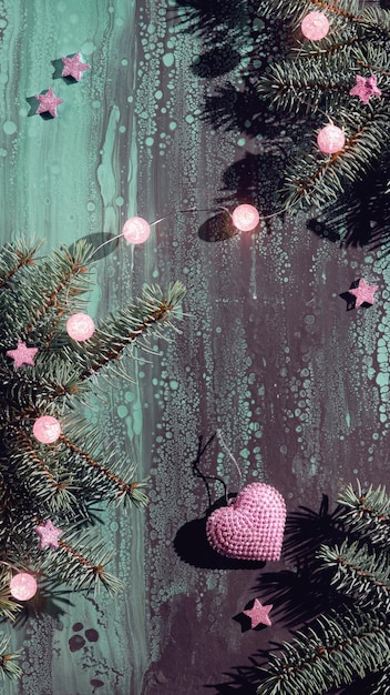 Photo simple pink christmas decorations on dark abstract background xmas lights ball garland pink stars