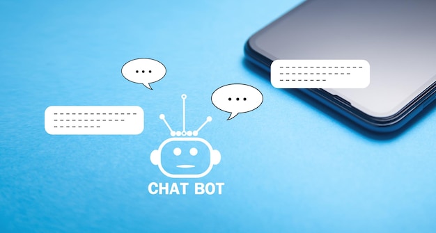 Photo smartphone with chat bot application for online information artificial intelligence concept