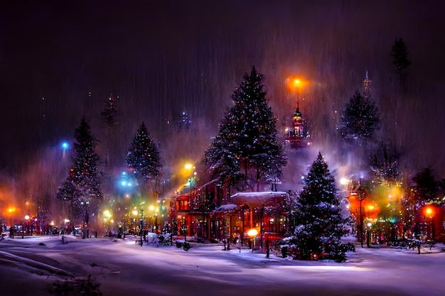 Photo snowy christmas night in abstract small american town neural network generated ai art