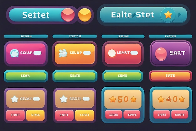 Photo soft style game ui vector set select level and level start popup button with editable text effect