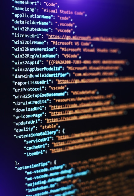 Photo software developer programming code. abstract computer script code. selective focus