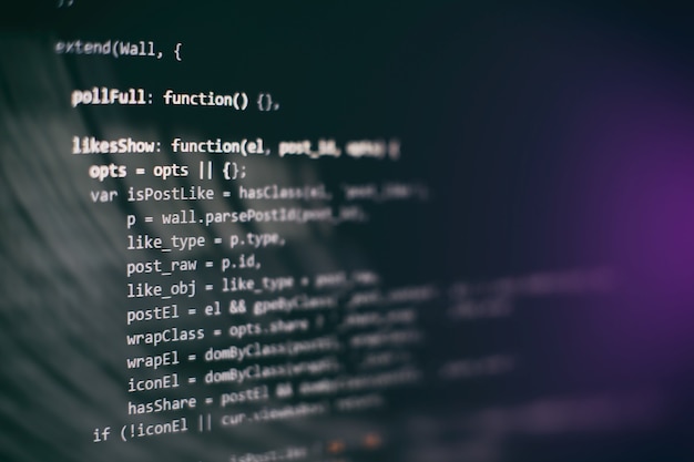Photo software developer programming code. abstract computer script code. selective focus