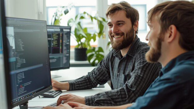 Photo software developer sitting at a computer with a customer while working on a dashboard both of them