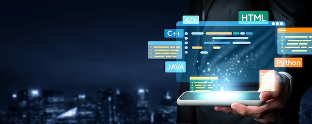 Photo software developer work with coding overlays of programming languages eide