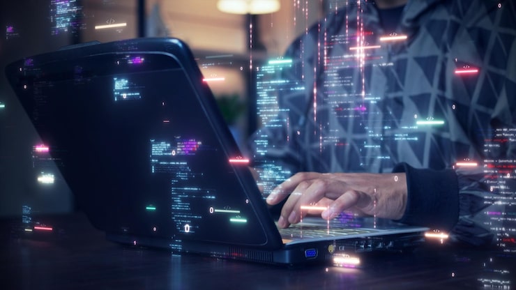 A software development designer or programmer is typing on a computer to create an application