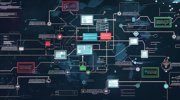 Photo software development flowchart diagram showing branching merging pull request commit generative ai