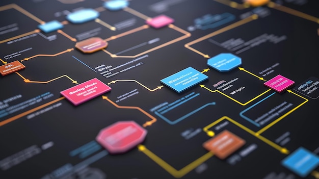 Photo software development flowchart diagram showing branching merging pull request commit generative ai