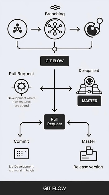Photo software development flowchart diagram showing branching merging pull request commit master de