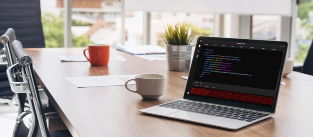 Photo software development programming on computer screen for modish application and program coding