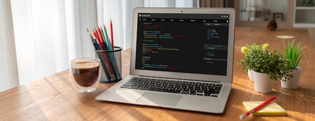 Photo software development programming on computer screen for modish application and program coding