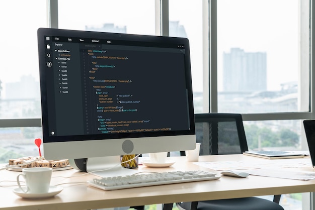 Photo software development programming on computer screen for modish application and program coding