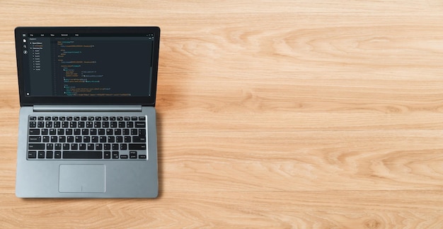 Photo software development programming on computer screen for modish application and program coding