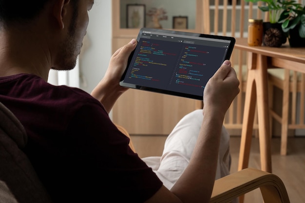 Photo software development programming on computer screen for modish application
