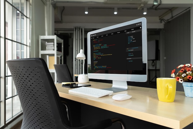 Photo software development programming on computer screen for modish application