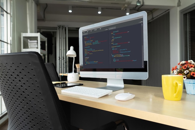 Photo software development programming on computer screen for modish application