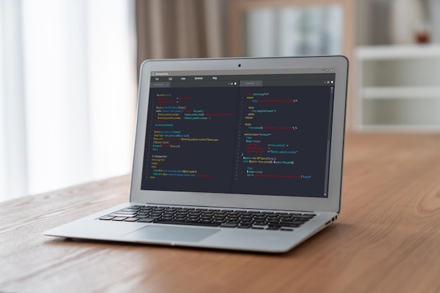 Photo software development programming on computer screen for modish application