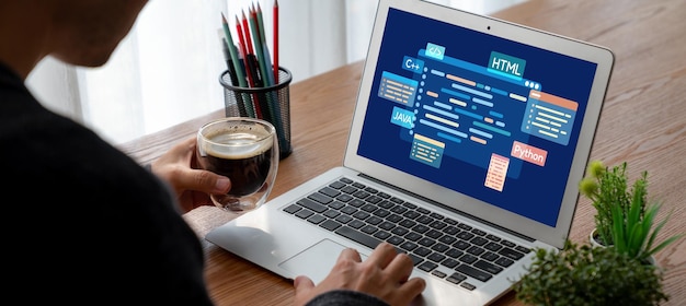 Photo software development or programming work with coding screen brisk