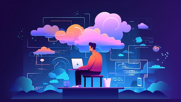 Photo software development web coding on laptop synchronization work data with cloud storage generative ai