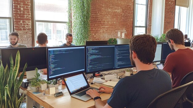 Photo software engineer in a collaborative workspace on dual monitors