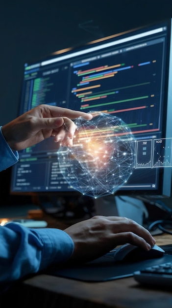 Photo software programmer working on computer engineering neural network creating machine learning app