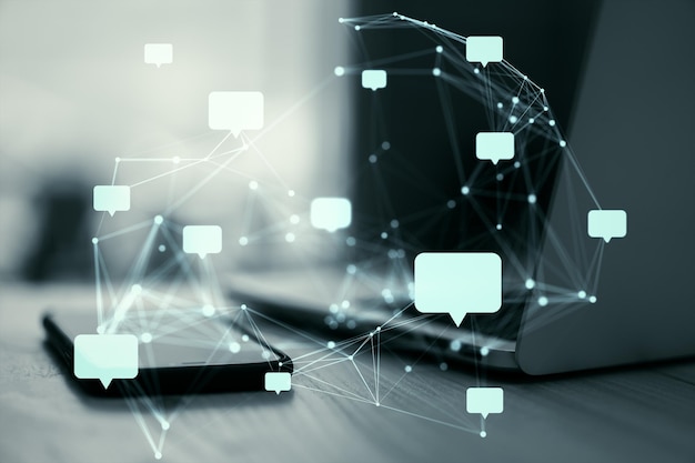 Photo speech bubbles interconnected by lines representing communication networks on a blurred tech background