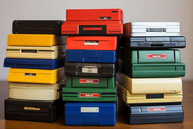 Photo a stack of external hard drives and memory cards