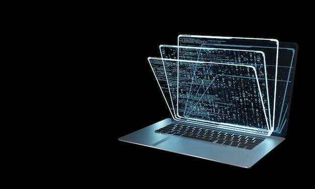 Photo stack of virtual hologram panels on laptop computer