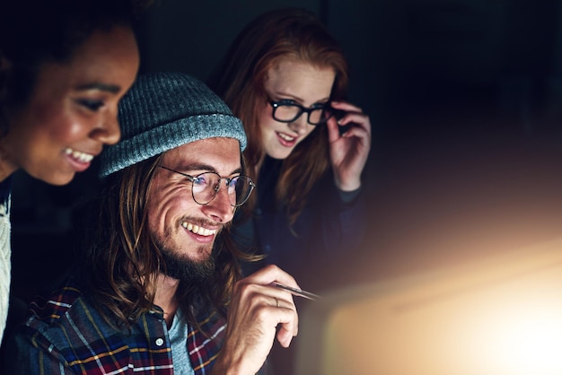 Photo startup office computer or team reading web design code cloud computing software or app ui system website seo media analytics dashboard or face of people teamwork on ux interface with night flare