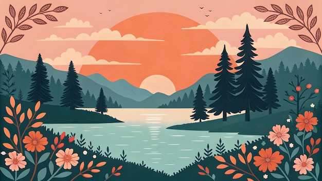 Photo sunset over the lake with mountains and trees