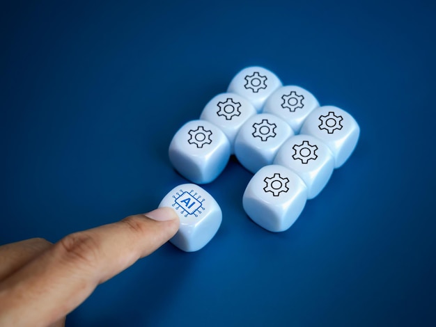Photo support technology from artificial intelligence concept ai chip icon on white cube block push by hand to group of management symbol blocks on blue background minimal style ai data learning
