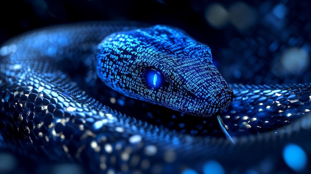 Photo symbolizing python programming and data manipulation this digital snake is surrounded by binary code