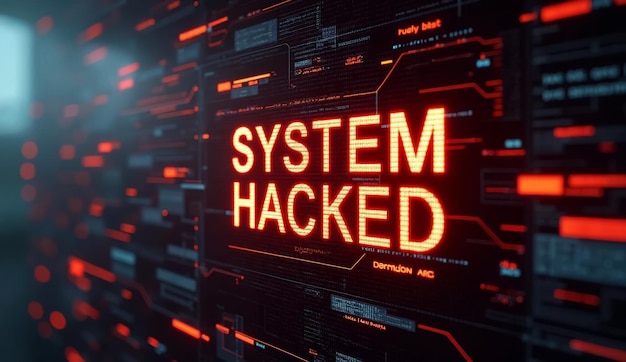 Photo system hacked text on digital screen with data flows and code cyber security concept online tech