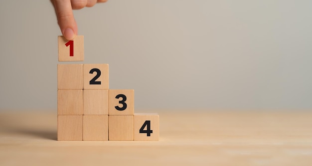 Photo task priority and management concept the order of priority in any activity set work priority arrange to do list wooden cube blocks with number first second third and fourth